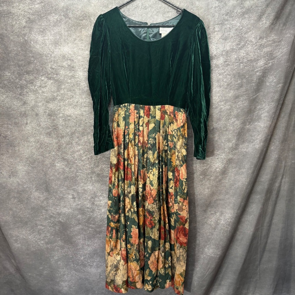 Lanz RSVP Vintage 90s Green Velvet Floral Maxi Dress Size 4 Cottage Whimsigoth